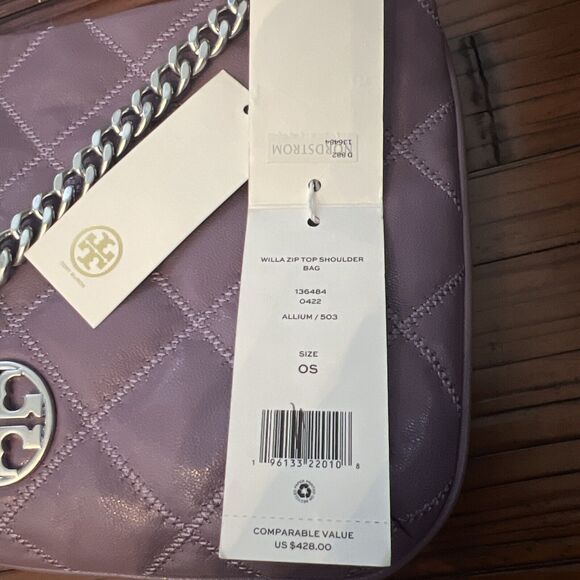 NWT Tory Burch Willa Zip Top Shoulder Bag Quilted Allium Purple with Chain Strap - Picture 13 of 14